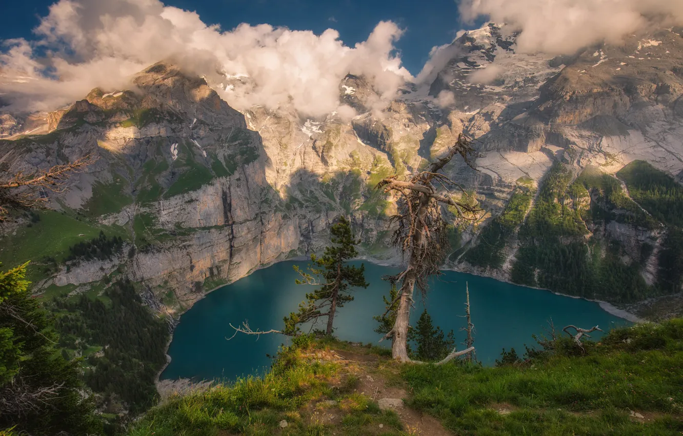 Photo wallpaper mountains, lake, pine