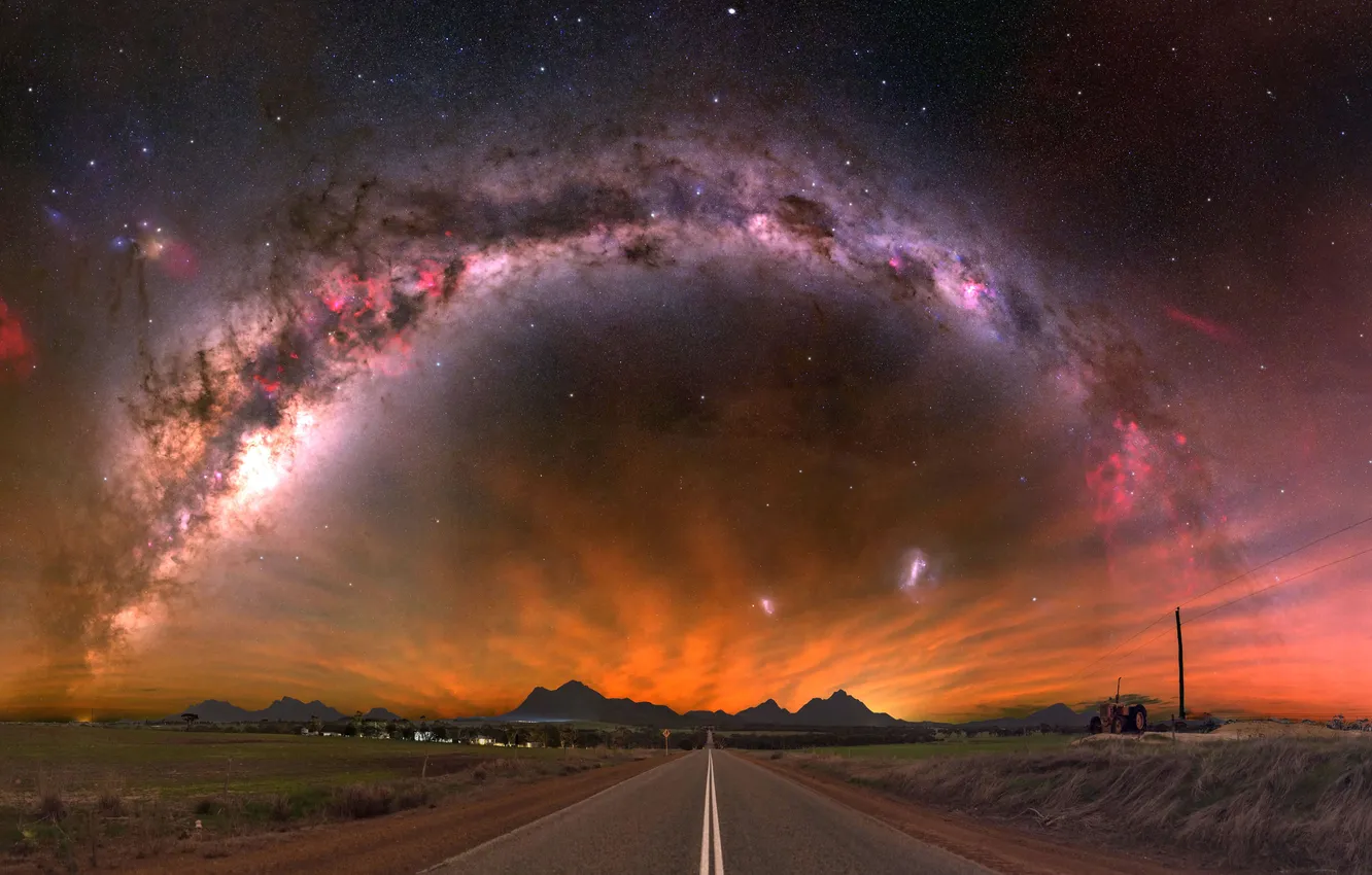 Photo wallpaper grass, road, sky, Galaxy, landscape, nature, nebula, night