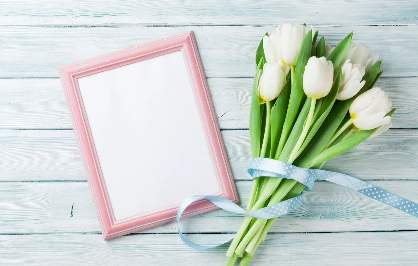Photo wallpaper flowers, bouquet, frame, tulips, white, wood, flowers, tulips
