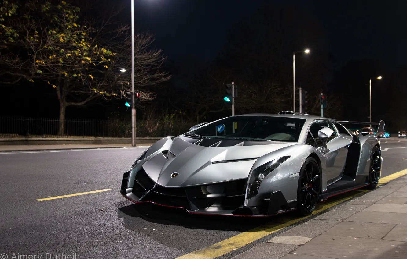 Photo wallpaper Lamborghini, City, Car, Night, London, Veneno, Veneno on the road in London