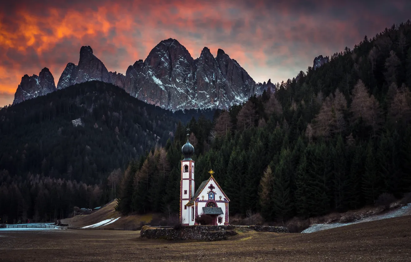 Photo wallpaper sunset, mountains, temple