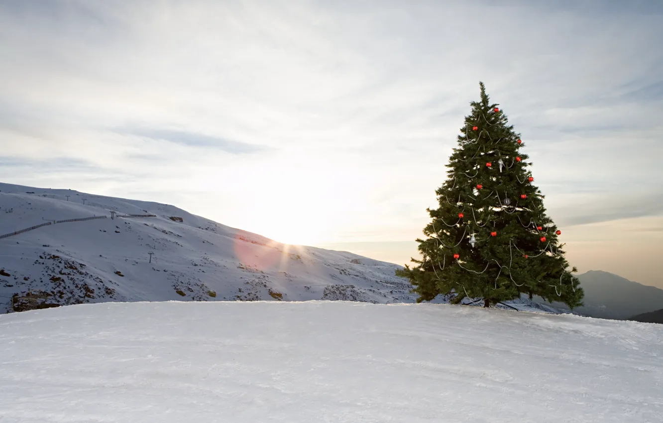 Photo wallpaper winter, the sky, clouds, snow, decoration, mountains, balls, toy