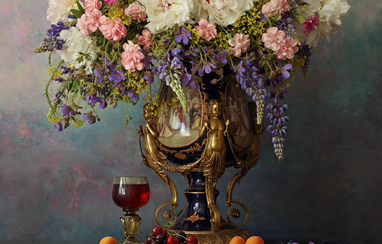 Photo wallpaper letter, flowers, cherry, style, pen, wine, glass, bouquet