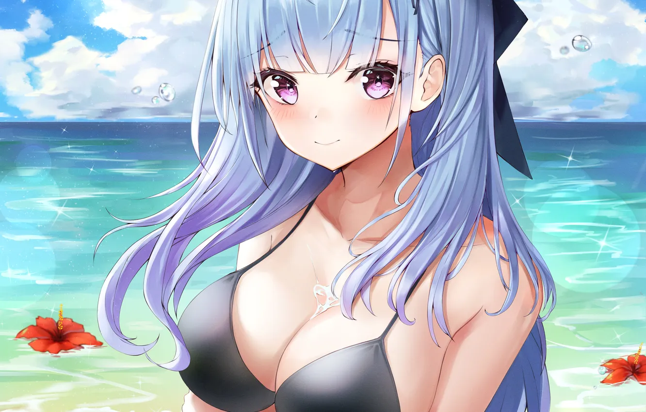 Photo wallpaper girl, sexy, wet, cleavage, beach, long hair, sea, boobs