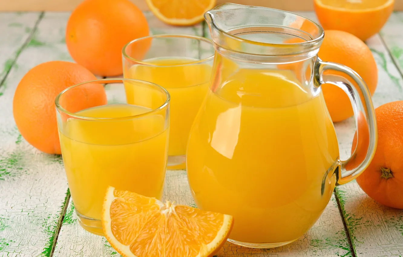 Photo wallpaper oranges, glasses, drink, pitcher, orange juice