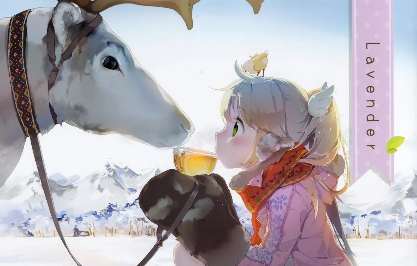 Photo wallpaper winter, snow, bird, tea, deer, scarf, art, girl