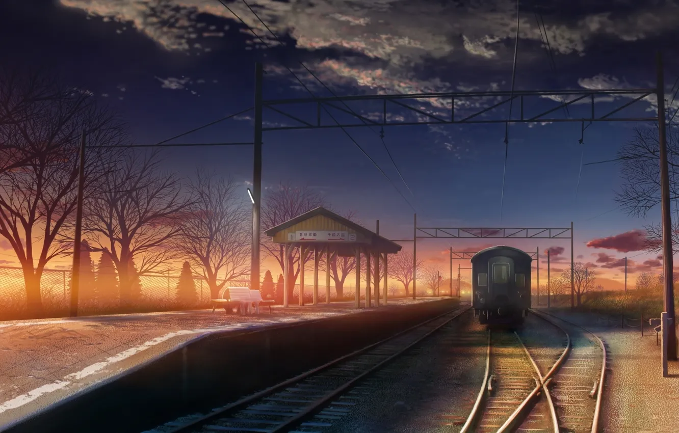 Photo wallpaper sunset, train, station, the evening, art, the platform, railroad, monorisu