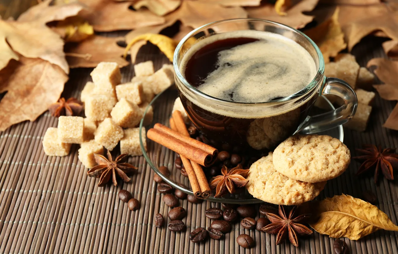 Photo wallpaper autumn, leaves, coffee, scarf, cookies, Cup, hot, cinnamon
