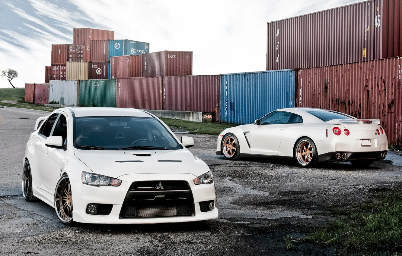Photo wallpaper cars, GTR, Mitsubishi, Lancer, Nissan, Evolution, cars, Nissan