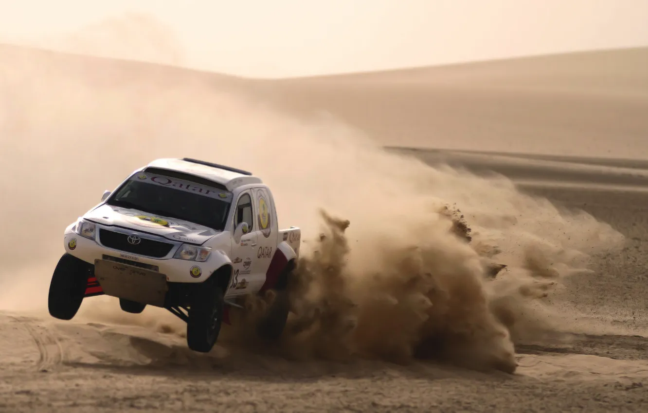 Photo wallpaper sand, machine, race, desert, speed, dust, SUV, Toyota