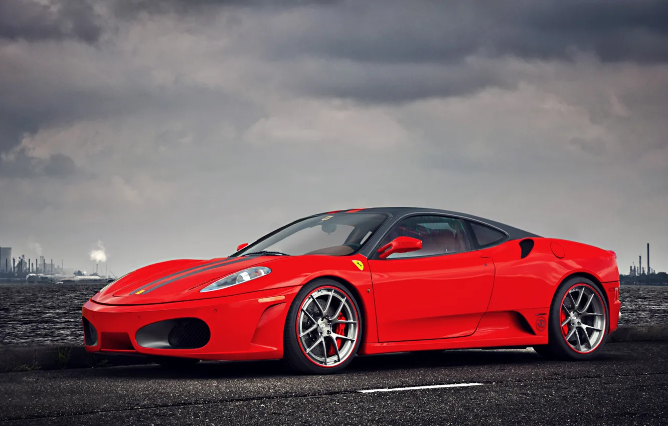 Photo wallpaper F430, Ferrari, Red, Clouds, Sky, Landscape, Water, Supercar