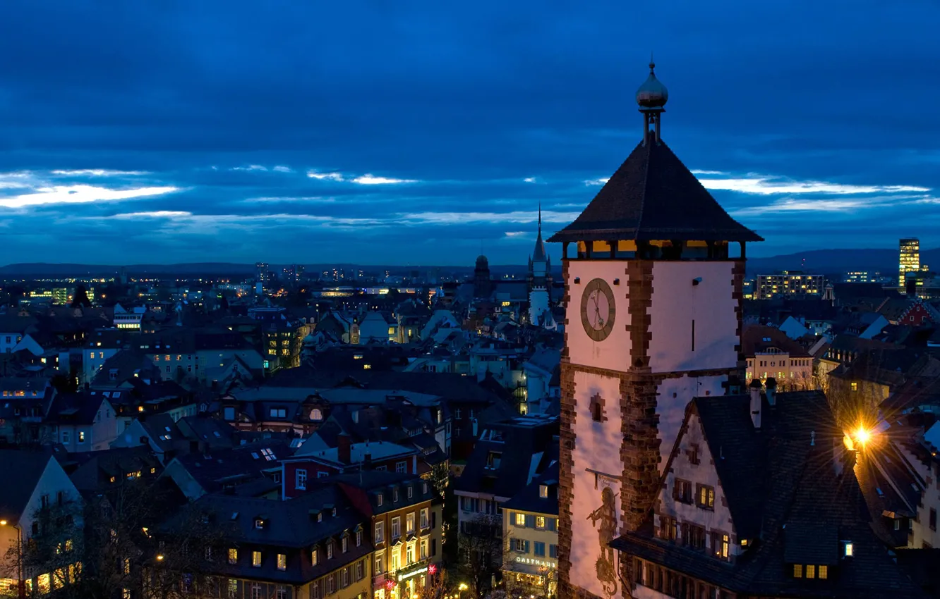 Photo wallpaper night, lights, tower, Germany, panorama, Baden-Württemberg, Freiburg