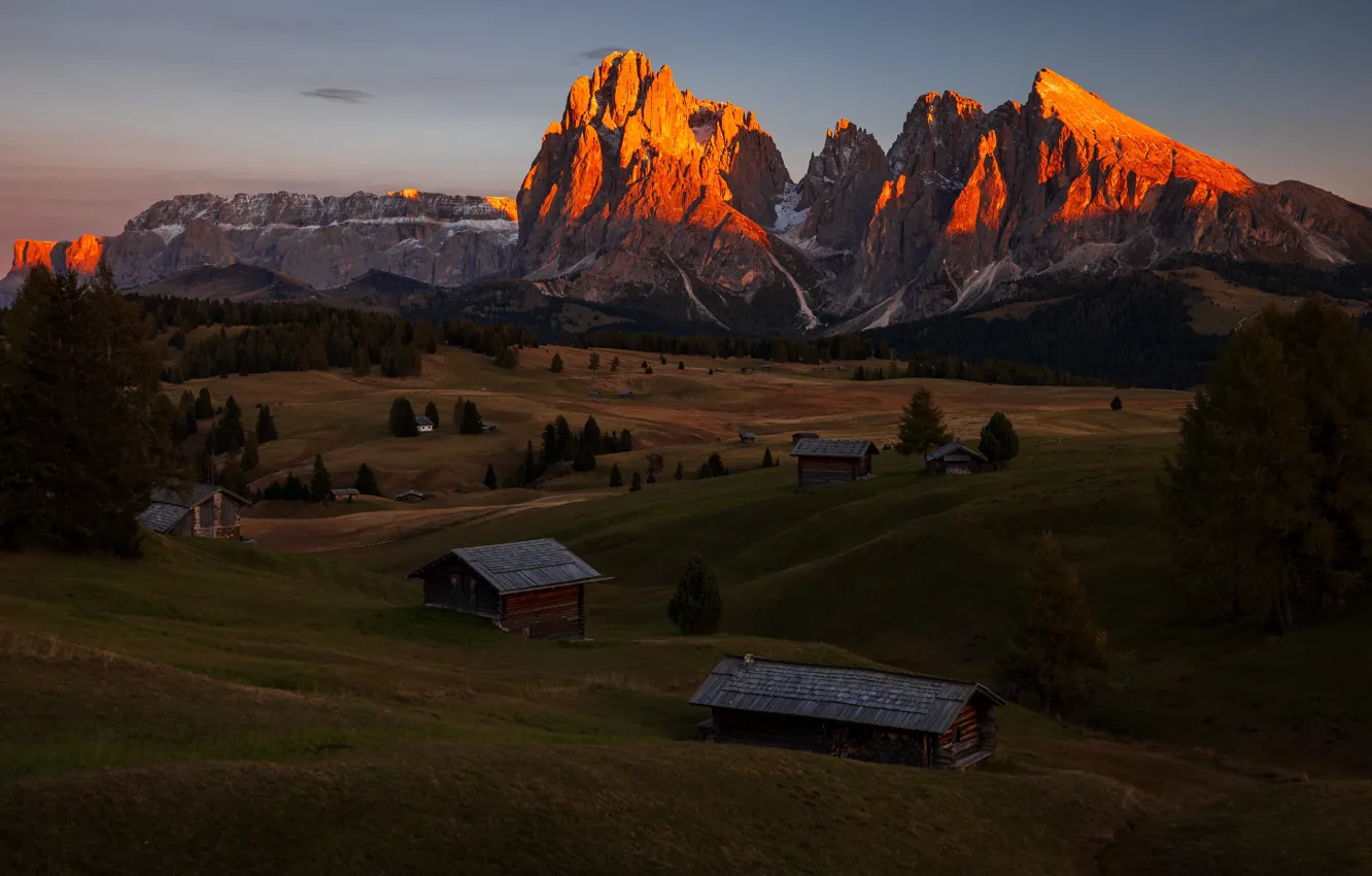 Photo wallpaper field, Alps, mountains, hills, house, meadow