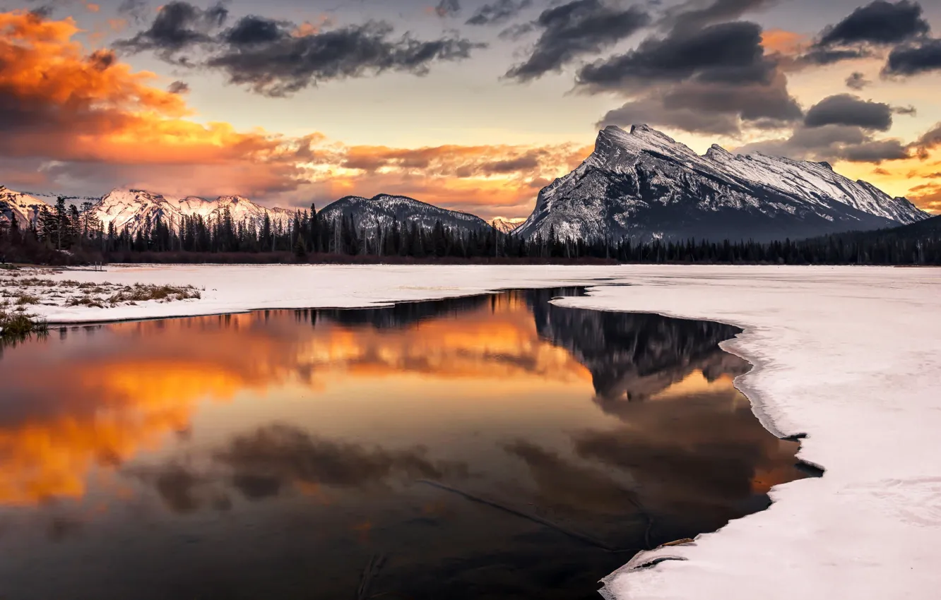 Photo wallpaper winter, snow, landscape, sunset, mountains, nature, lake, reflection