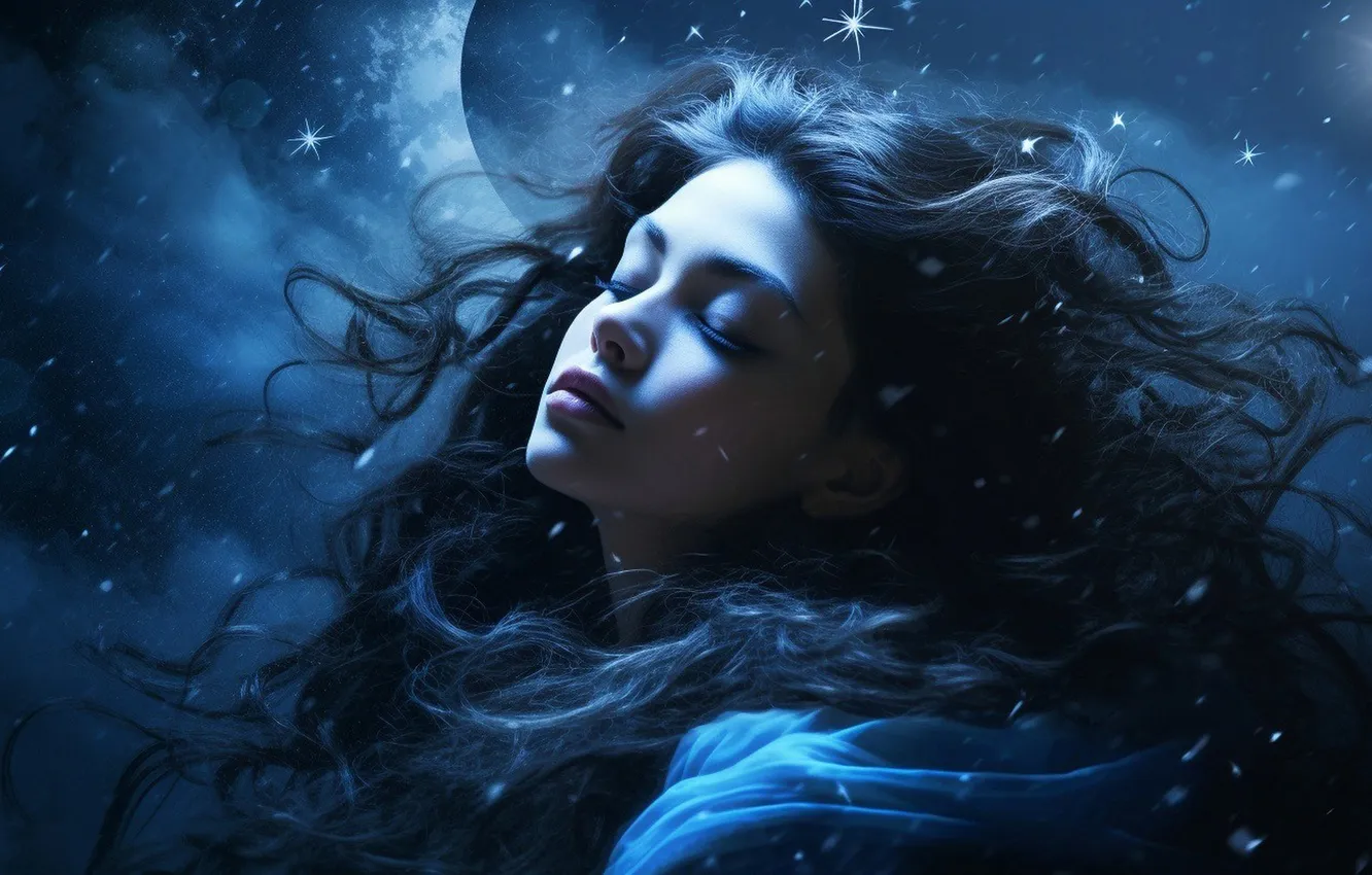 Photo wallpaper girl, stars, light, night, eyelashes, fog, the moon, sleep