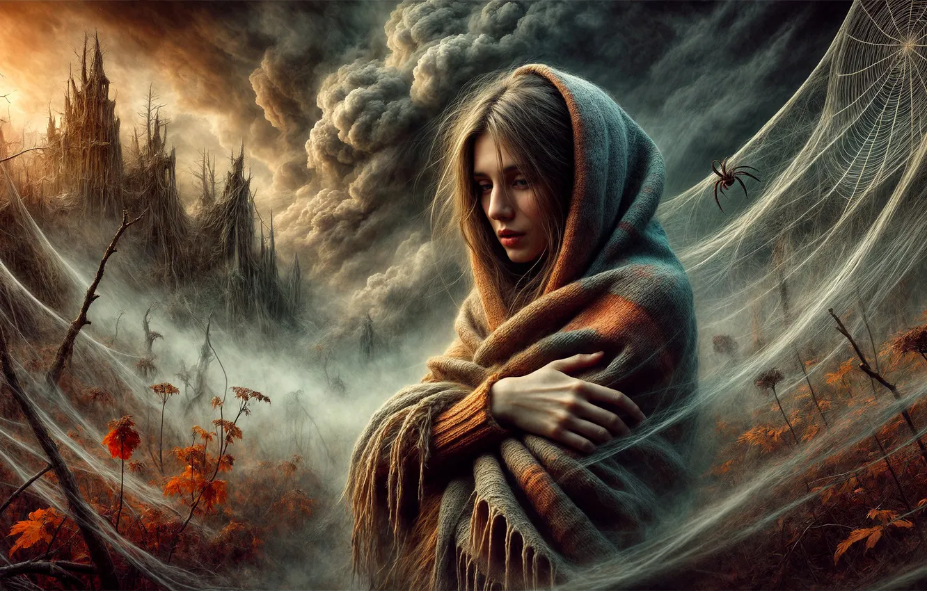 Photo wallpaper autumn, girl, clouds, castle, web, spider, fantasy, hurricane