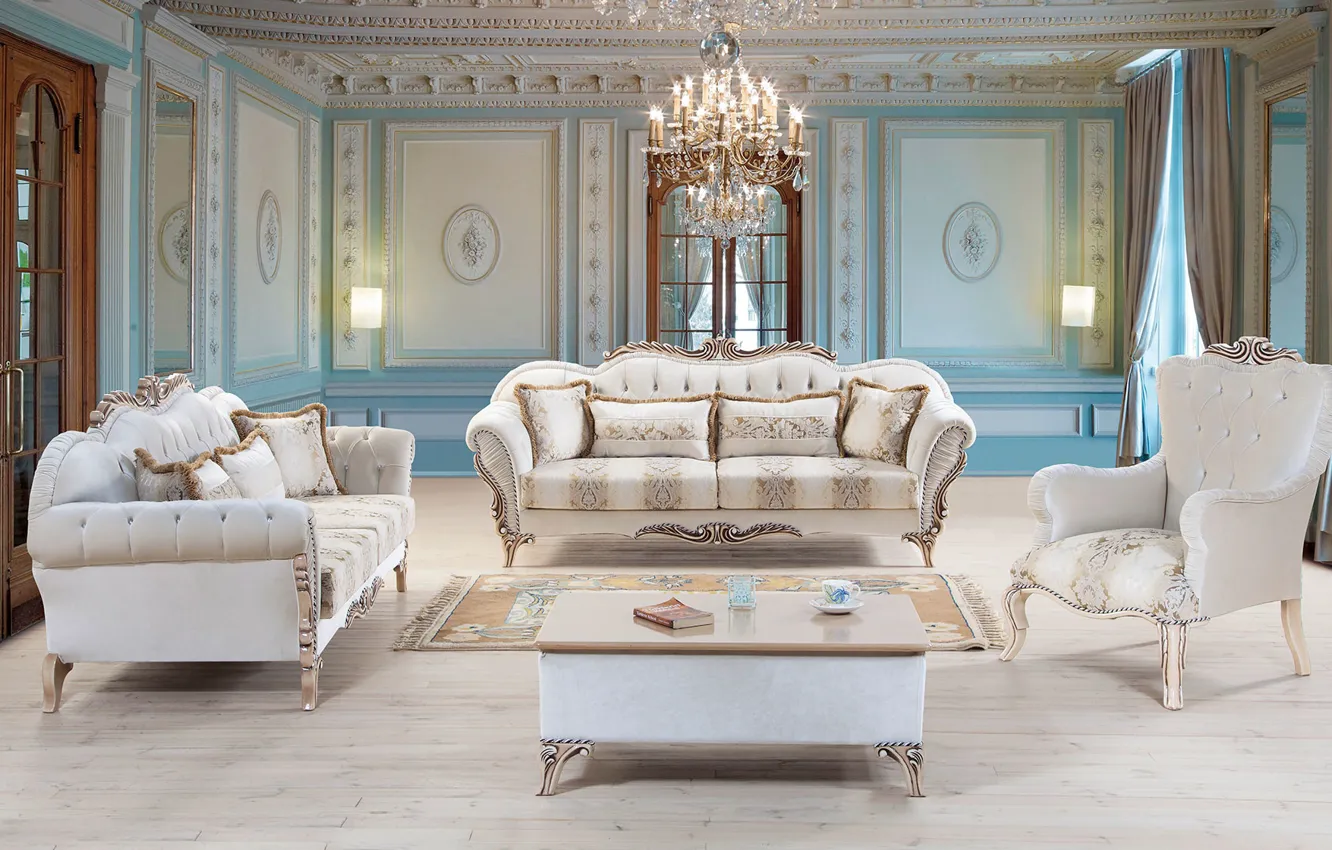 Photo wallpaper design, sofa, interior, chairs, chandelier, living room
