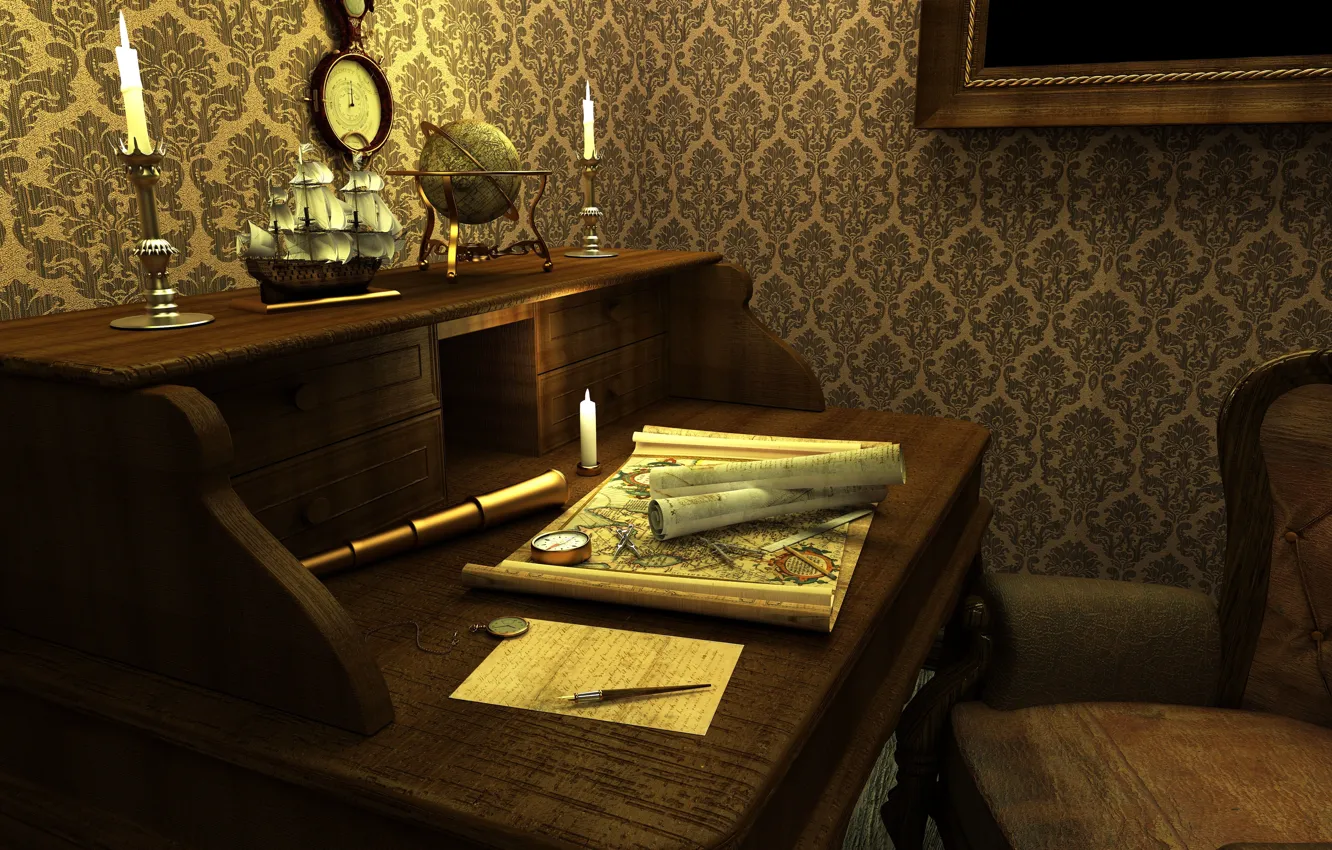 Photo wallpaper table, wall, karabl, Wallpaper, watch, map, interior, picture