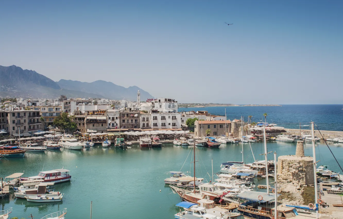 Photo wallpaper sea, mountains, boat, ship, Marina, home, Bay, Kyrenia
