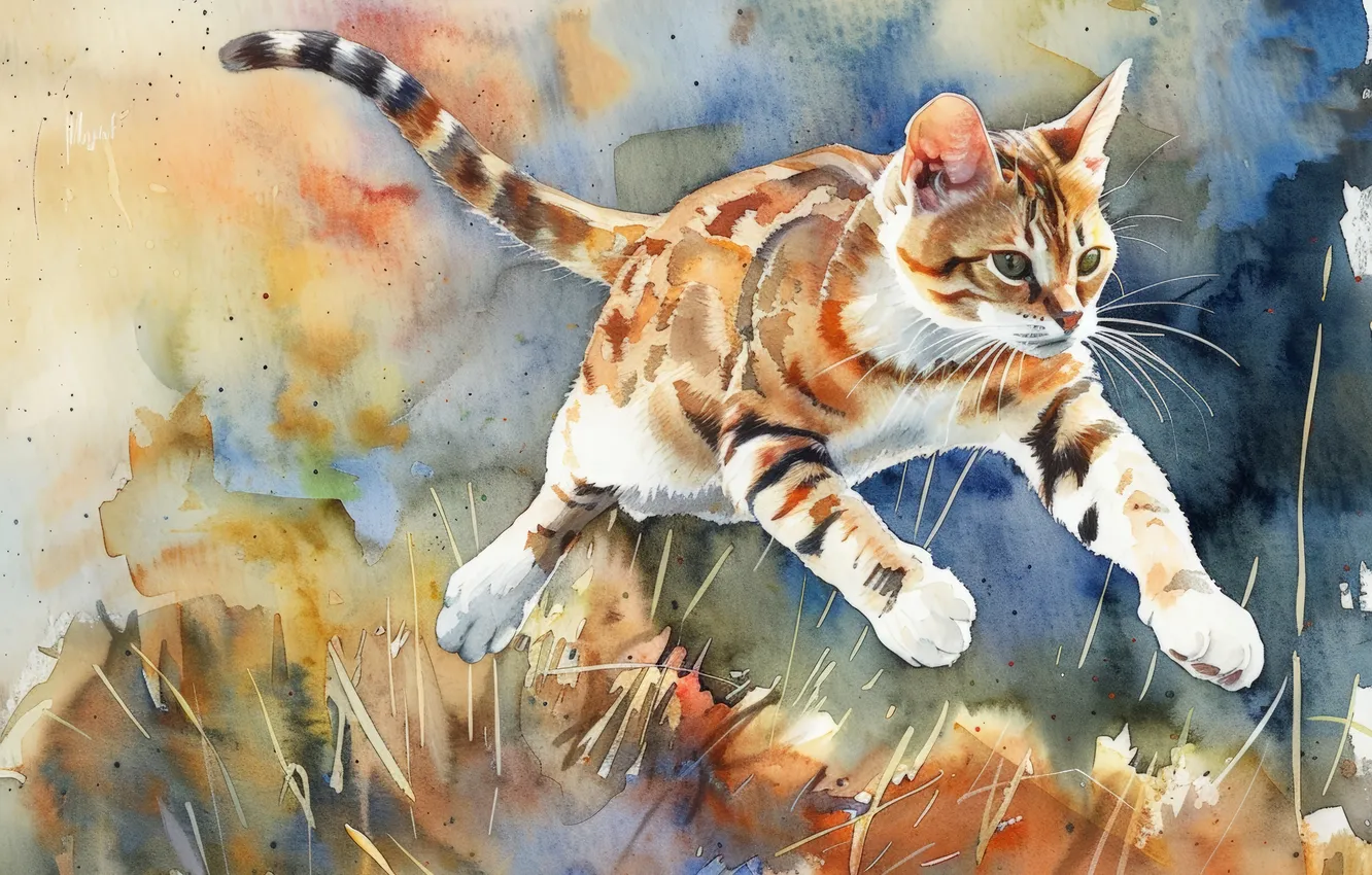 Photo wallpaper cat, cat, jump, art, digital art, imitation painting, AI art, The Art of Artificial Intelligence