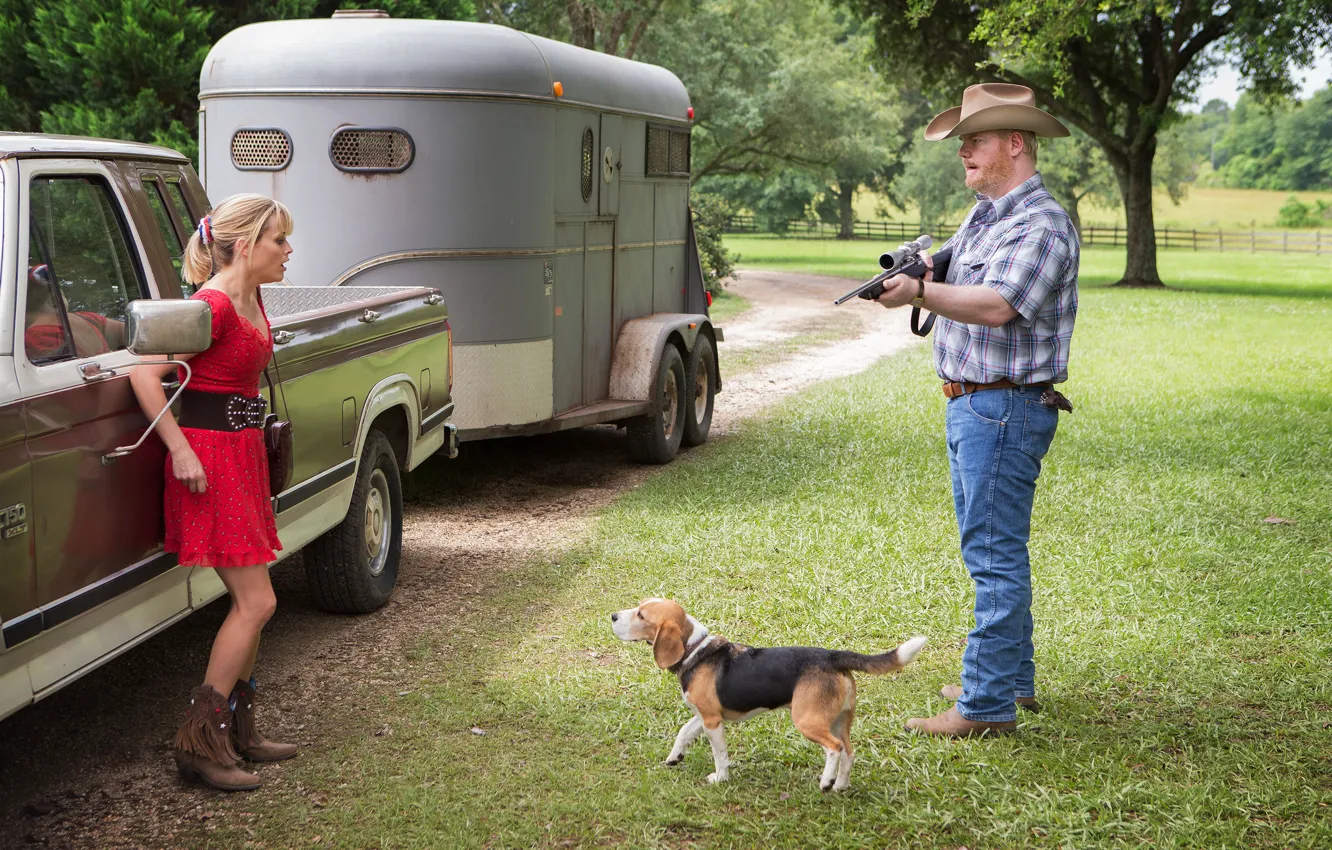Photo wallpaper machine, the situation, dog, jeans, frame, hat, dress, blonde