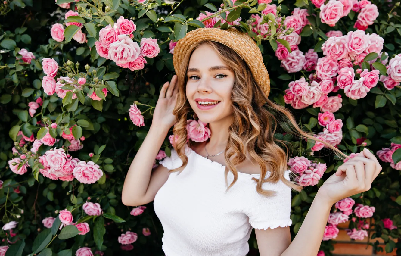 Photo wallpaper summer, girl, joy, flowers, smile, roses, positive, hat