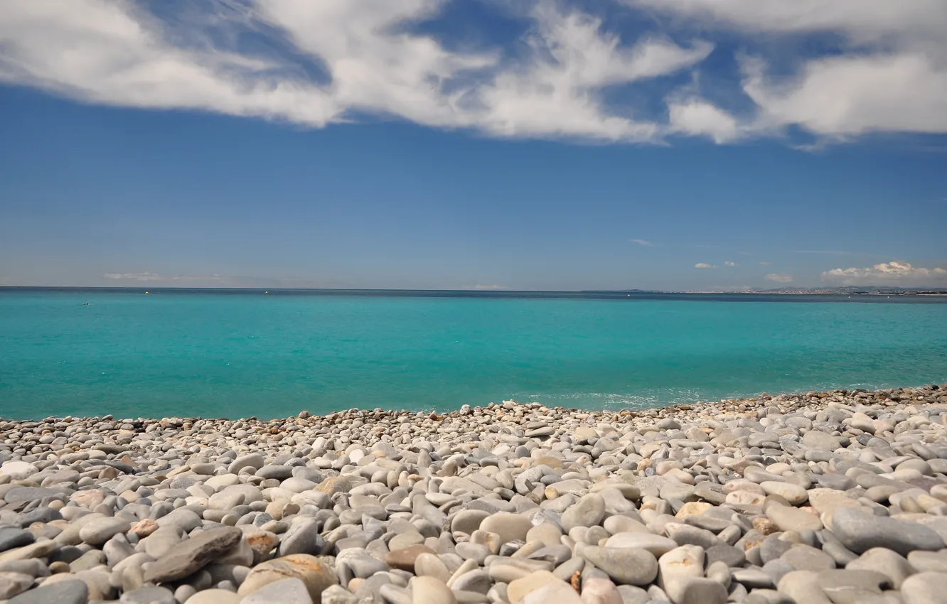Photo wallpaper sea, beach, the sky, pebbles, stones