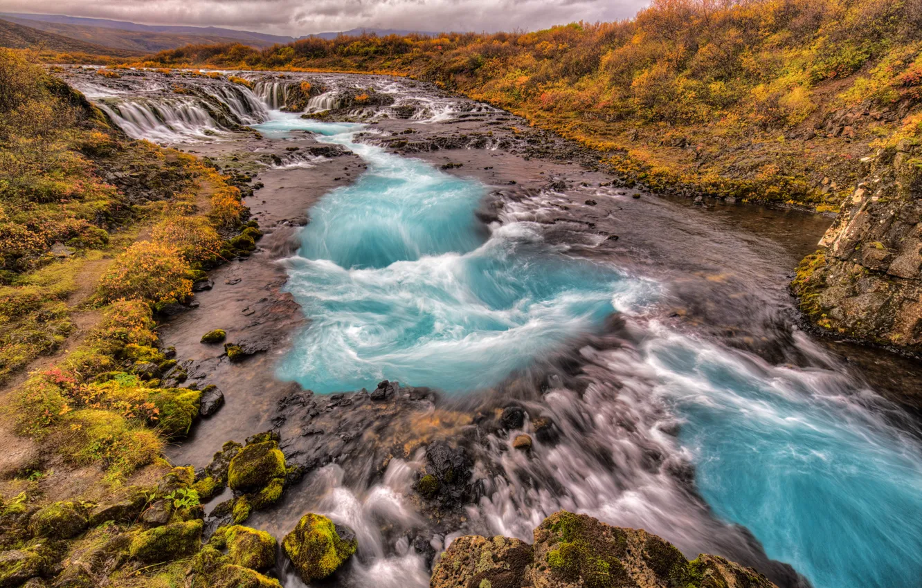 Photo wallpaper autumn, the sky, trees, mountains, river, stream, thresholds