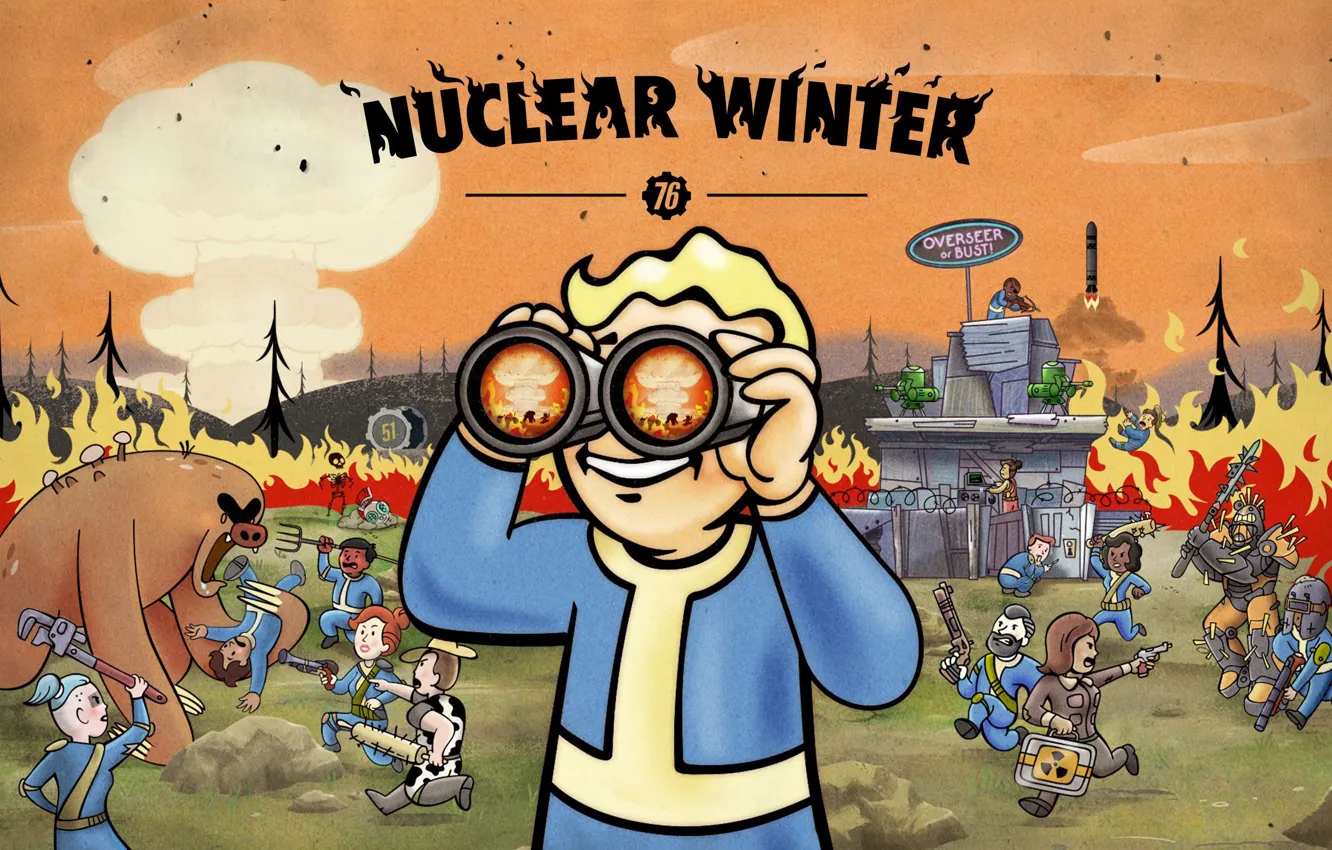 Photo wallpaper Fire, Fallout, Bethesda Softworks, Bethesda, Characters, Game Art, Vault Boy, Nuclear Winter