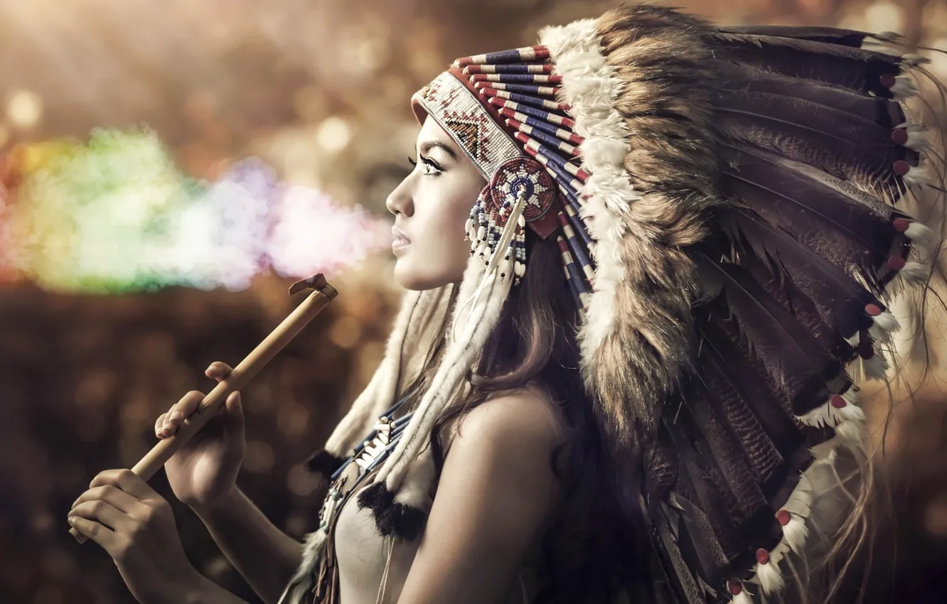 Photo wallpaper Native American clothing, sacrilege, women, feathers, people, smoke, model, colorful