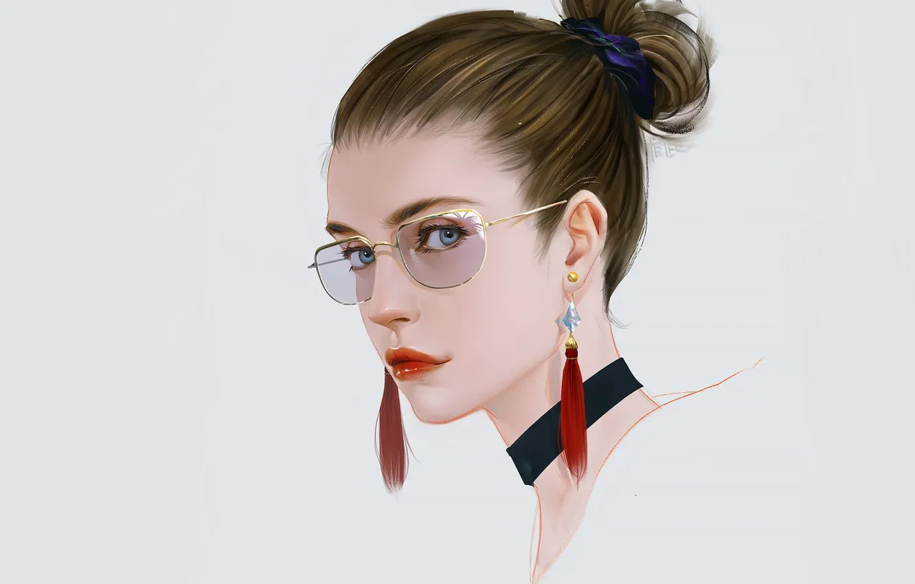 Photo wallpaper face, earrings, sponge, blue eyes, blue background, glasses, portrait of a girl, chalker