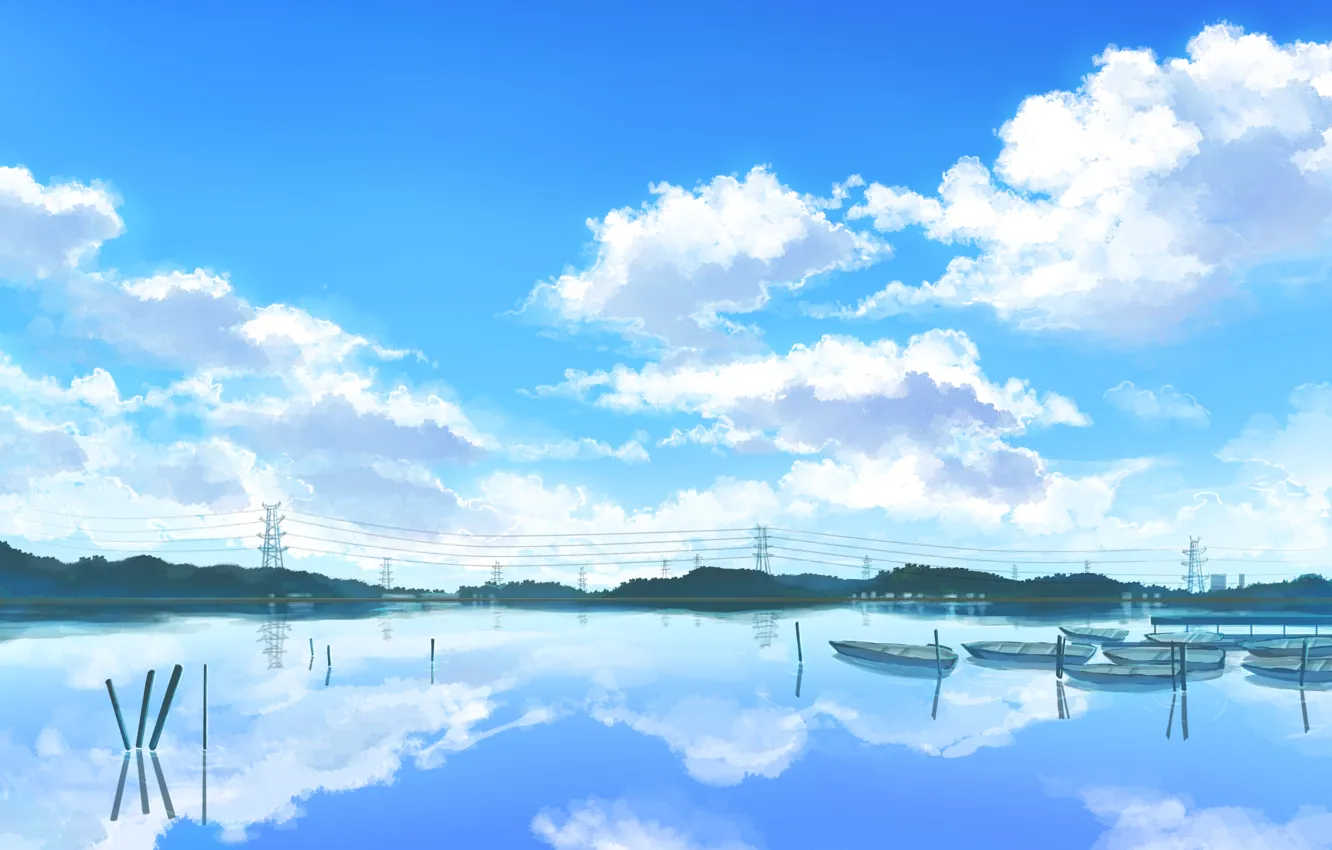 Photo wallpaper river, boats, cloudy sky