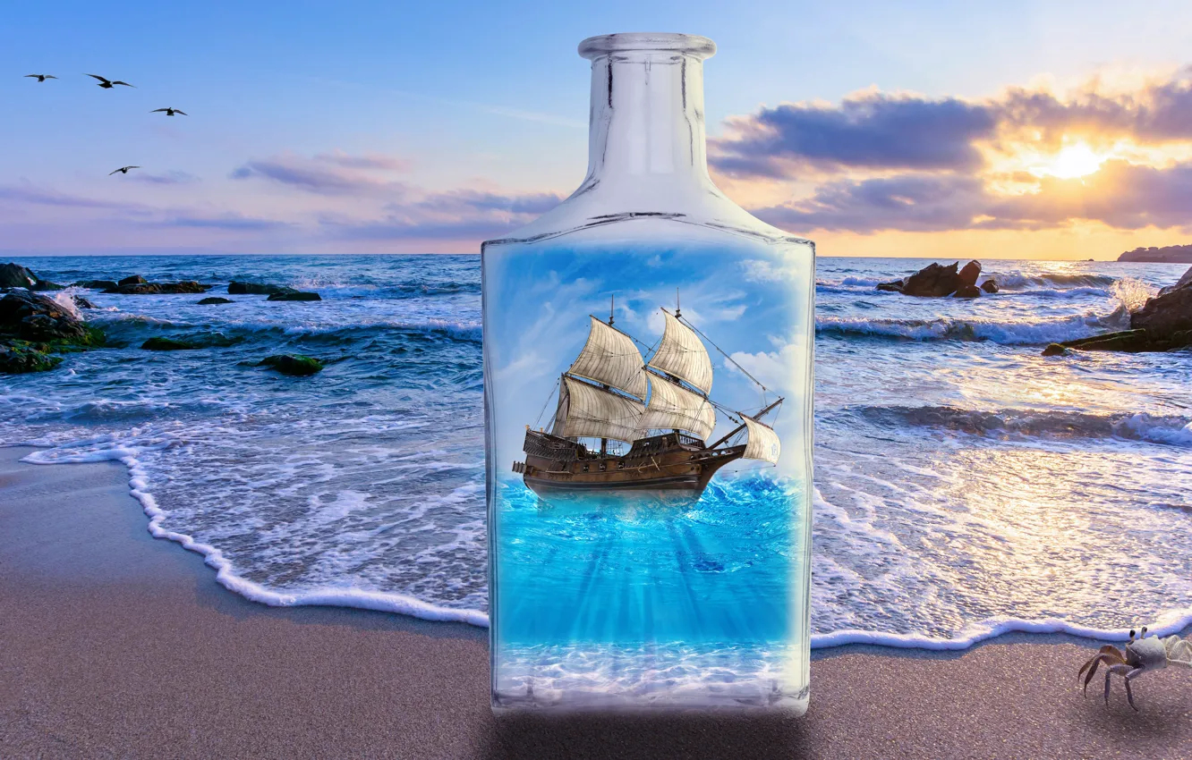 Photo wallpaper sand, sea, wave, beach, the sky, glass, the sun, clouds