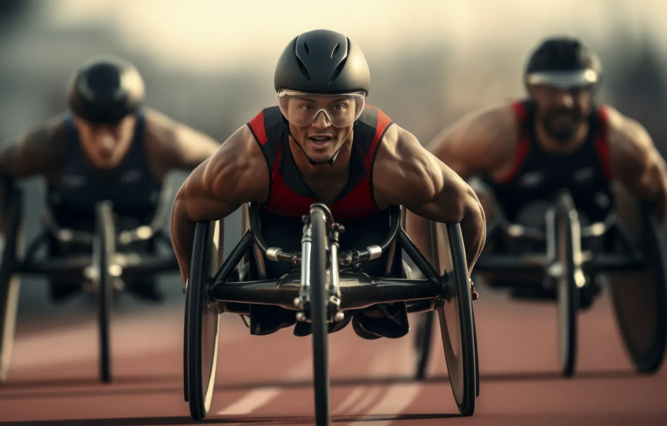 Photo wallpaper glasses, stroller, male, digital art, AI art, The Art of Artificial Intelligence, Paralympic athletes, Athletes …