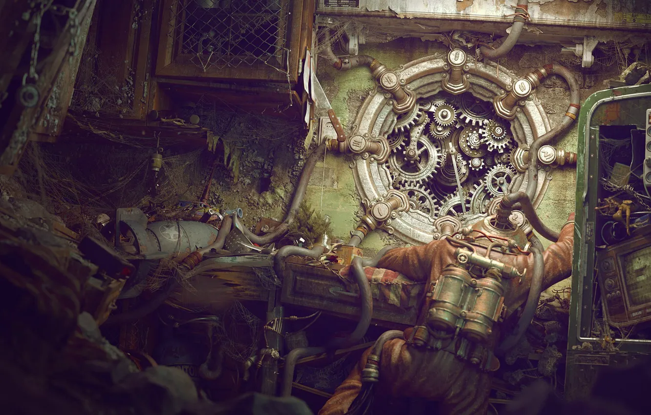 Photo wallpaper the wreckage, wire, diver, web, the suit, gear, devastation, desolation