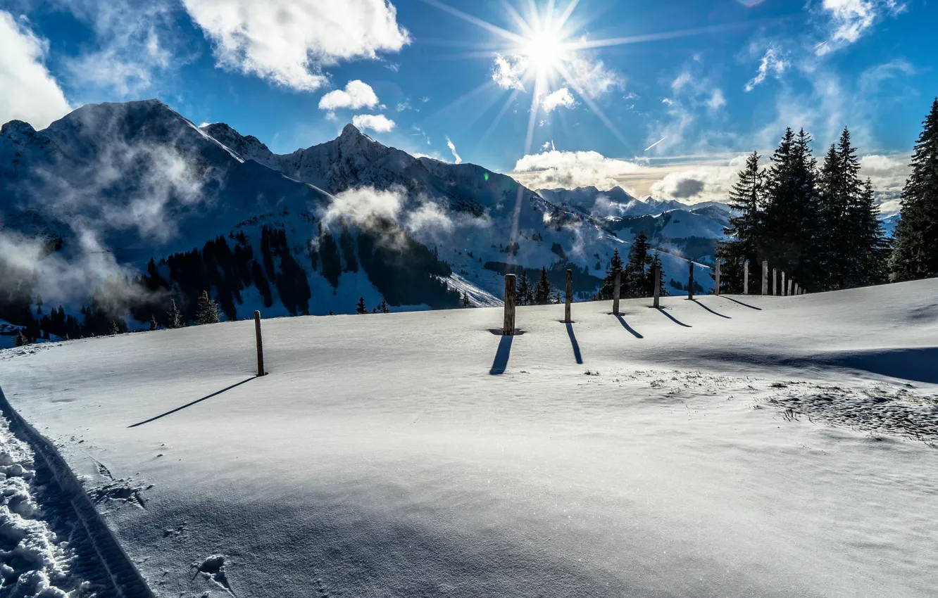 Photo wallpaper winter, the sun, snow, mountains, Switzerland, Switzerland, Thuner See