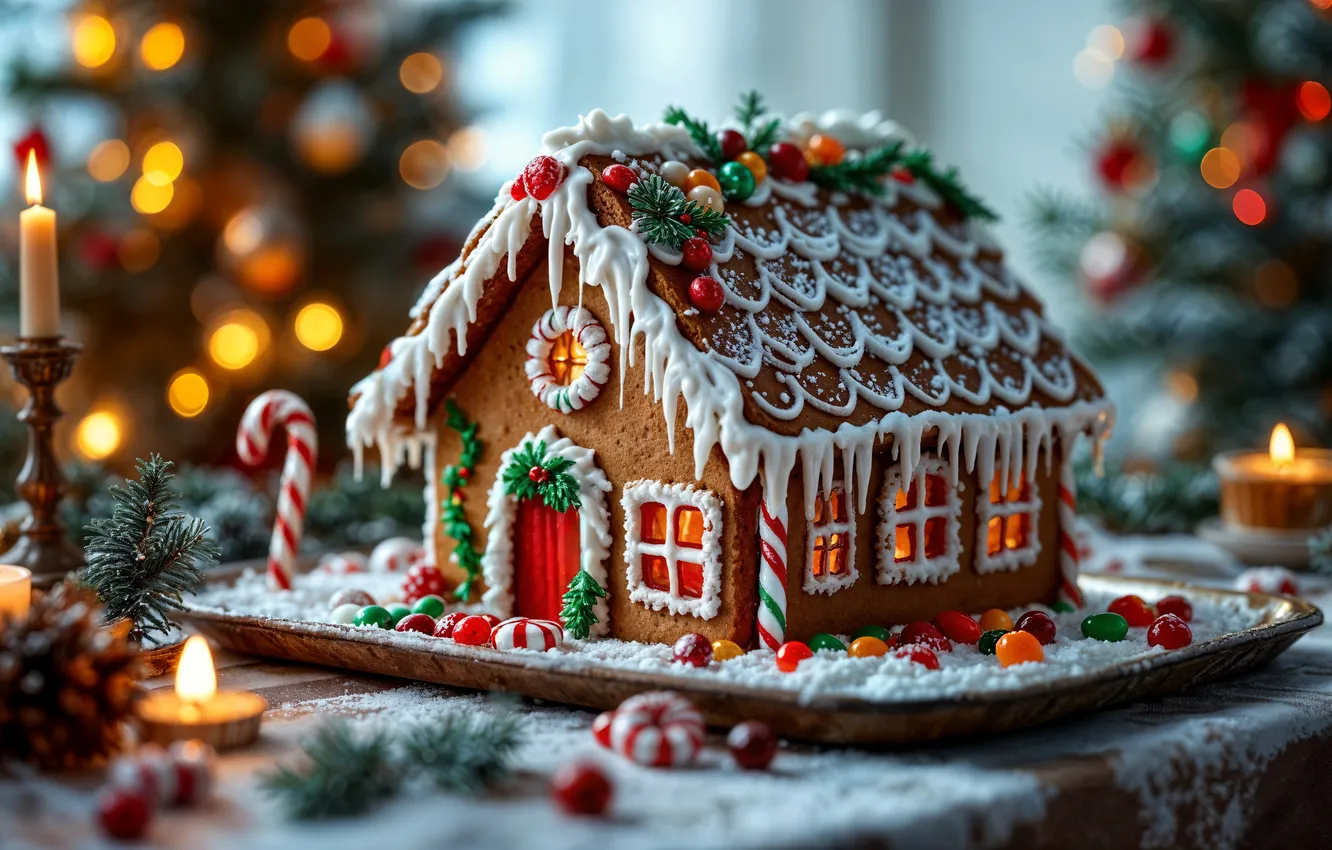Photo wallpaper decoration, Christmas, cakes, decoration, gingerbread house, New Year, christmas, new year