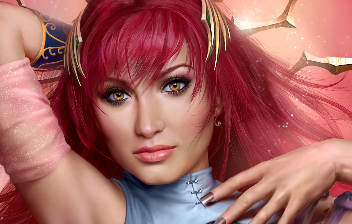 Photo wallpaper look, girl, face, hands, art, beauty, red, fingers