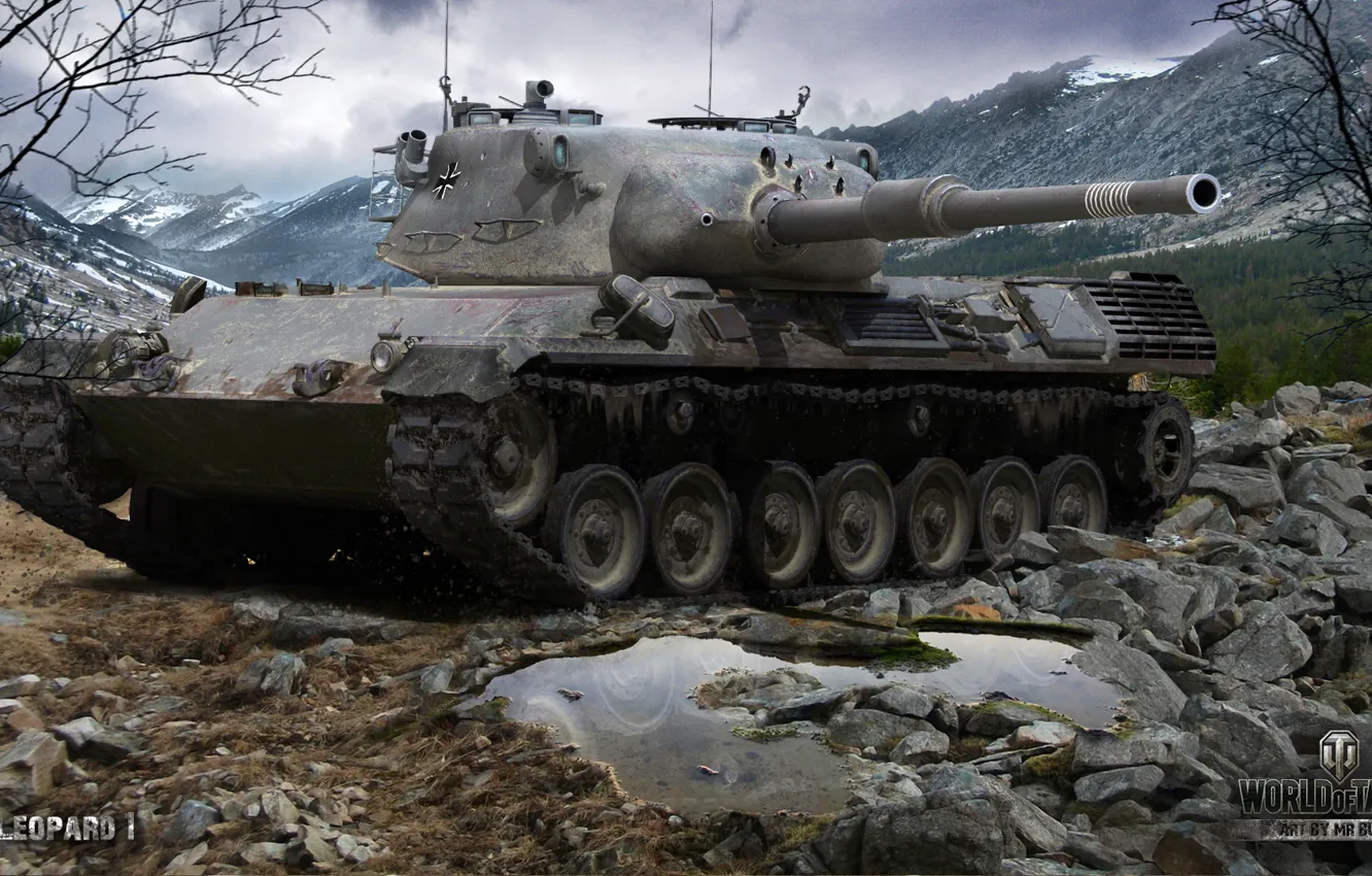 Photo wallpaper landscape, mountains, stones, tank, German, average, World of Tanks, Leopard 1