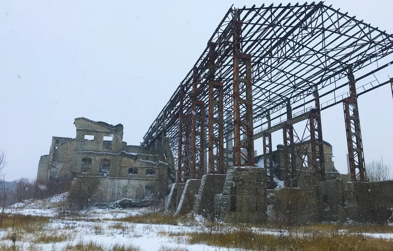 Photo wallpaper winter, the sky, snow, architecture, snowfall, Abandoned factory