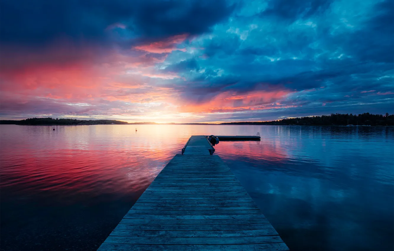 Photo wallpaper the sky, clouds, sunset, lake, pier, pierce