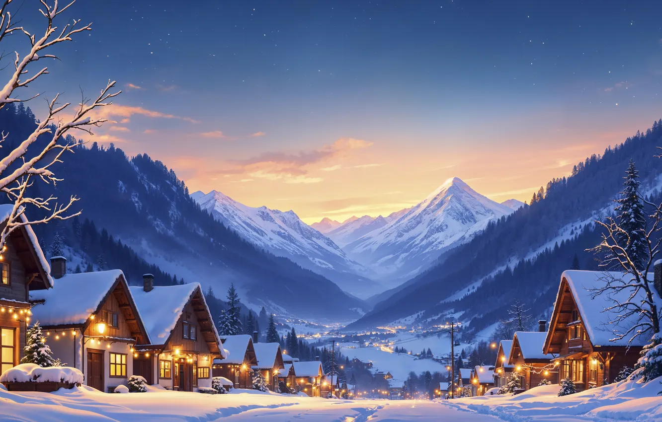 Photo wallpaper winter, snow, decoration, mountains, new year, village, Christmas, house
