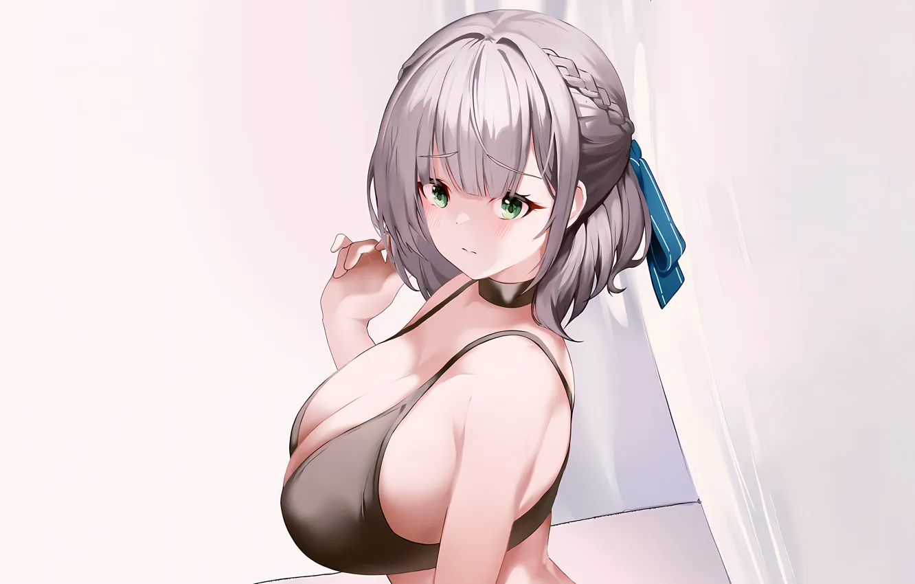 Photo wallpaper girl, sexy, cleavage, green eyes, boobs, anime, beautiful, short hair