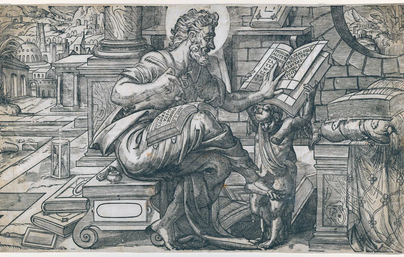 Photo wallpaper Book, Picture, Black and white, Sarik, Dutch artist, Saint Matthew is sitting and reading from …