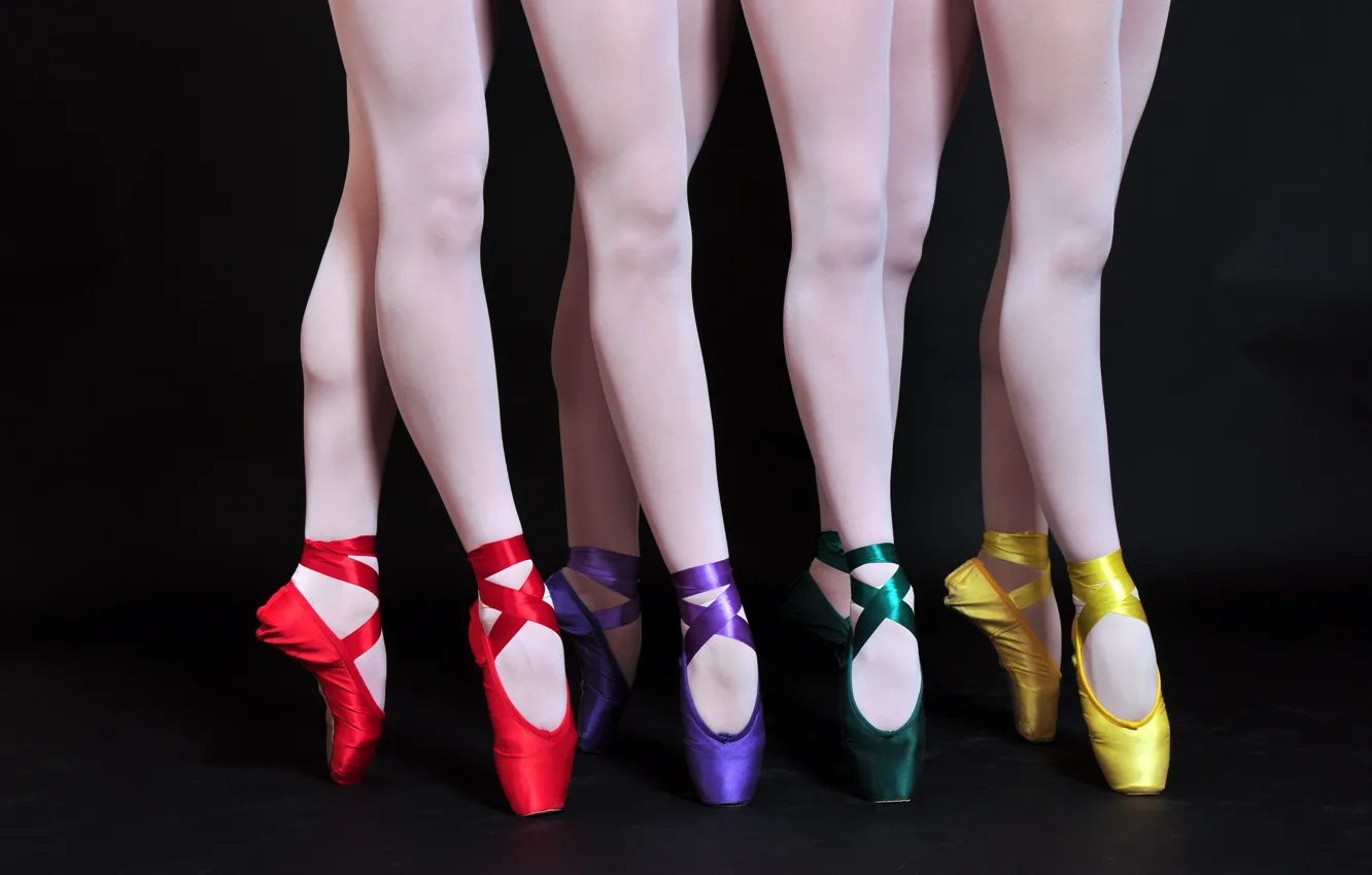 Photo wallpaper legs, black background, colorful, ballet, Pointe shoes, satin