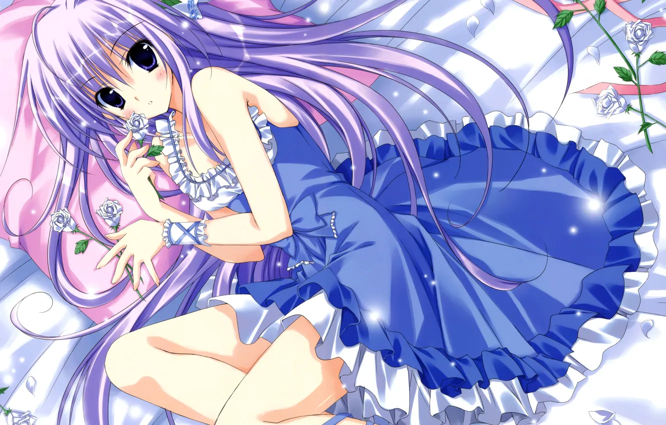 Photo wallpaper girl, flowers, roses, pillow, anime, petals, art, tape