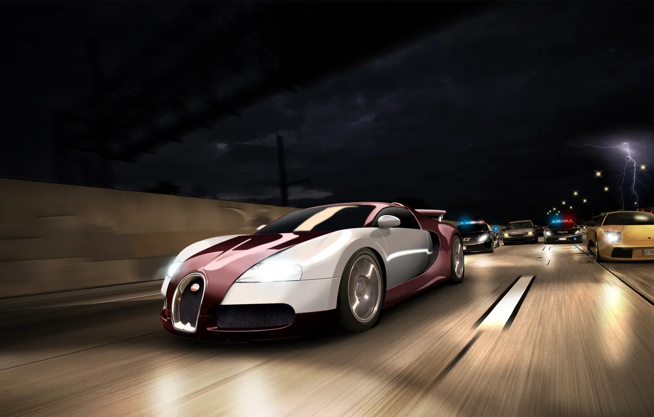 Photo wallpaper speed, track, police, chase, Lamborghini, Bugatti