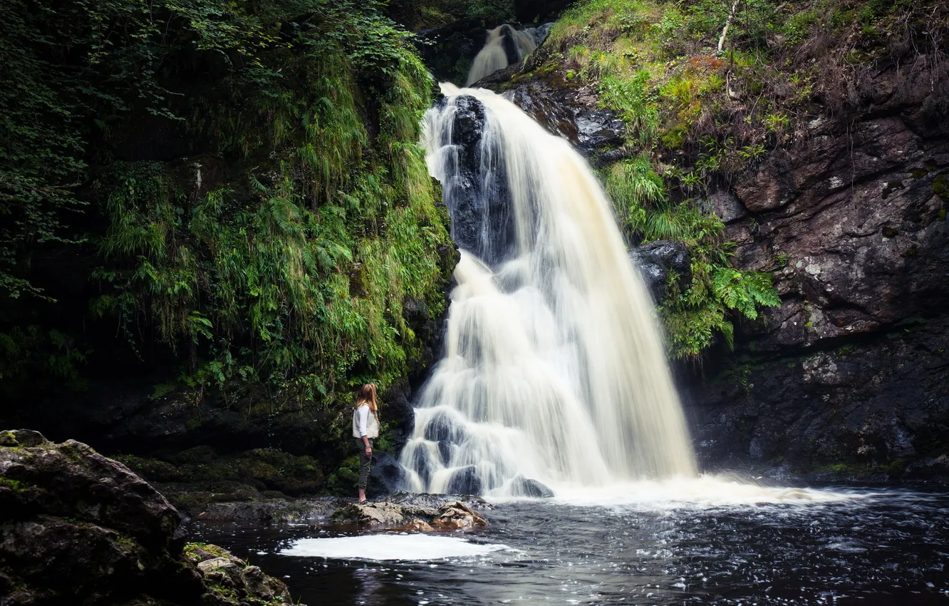 Photo wallpaper girl, landscape, waterfall