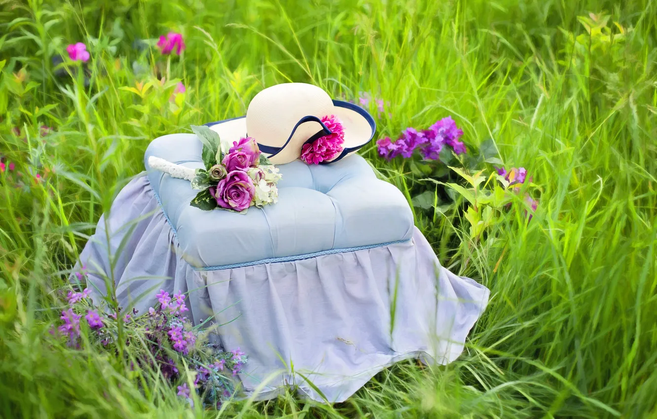 Photo wallpaper summer, grass, flowers, nature, hat, Ottoman