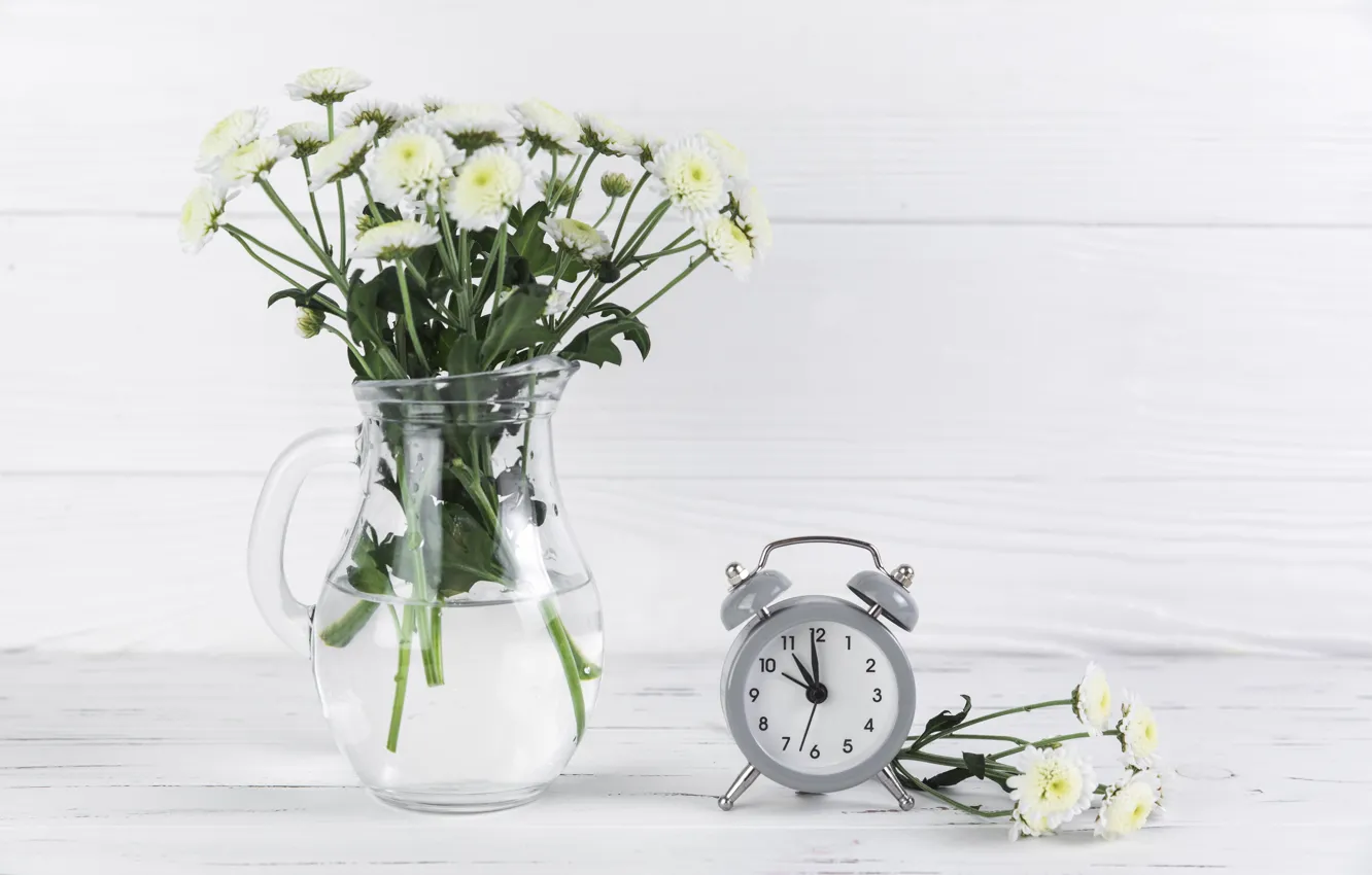 Photo wallpaper vase, white, chrysanthemum, wood, composition, Chrysanthemum